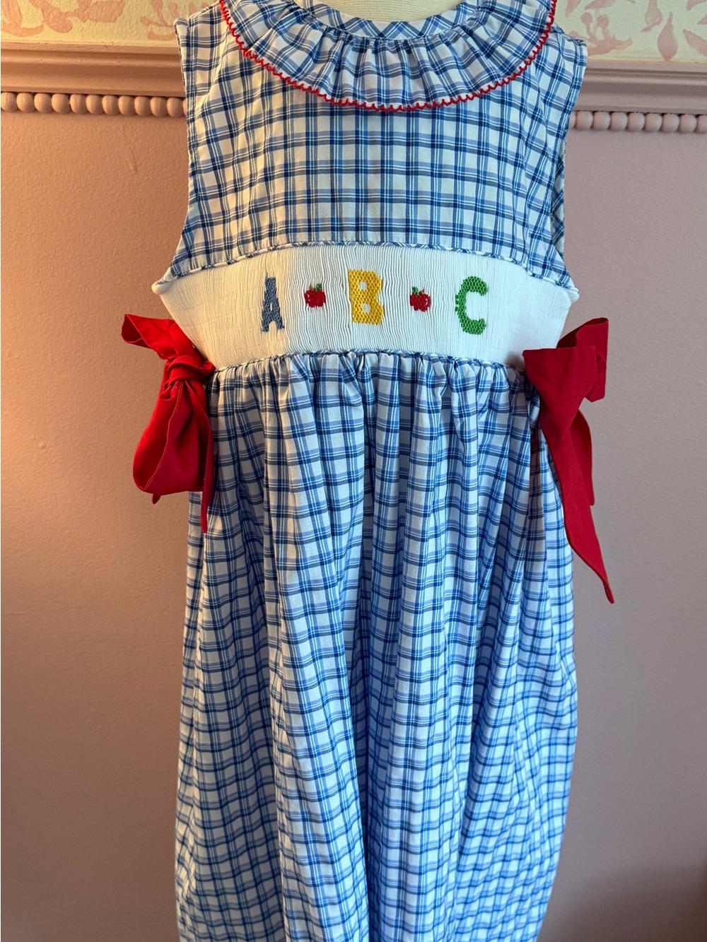 Girls Blue Plaid ABC Smocked Dress with Red Bows